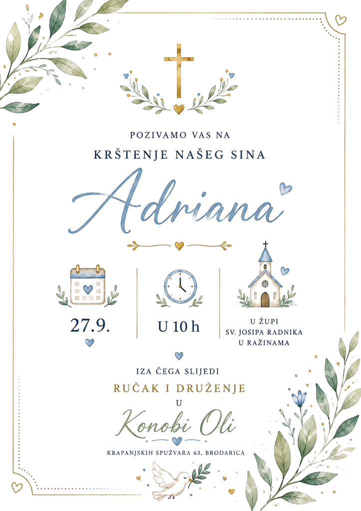Pozivnica za krštenje Adriana 27. rujna 2026. u 10 sati